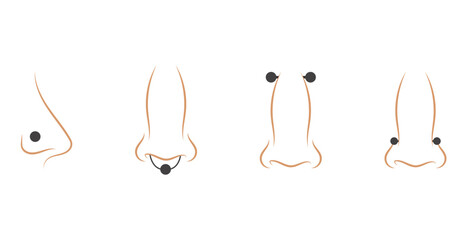 Line vector illustration of different kinds of piercing in nose on white background