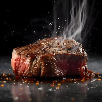 Grilled beef steak with smoke and spices on a dark background.