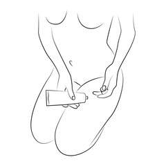 Line art illustration of woman's body vector isolated on white background, Woman's body holding tube of lotion line drawing