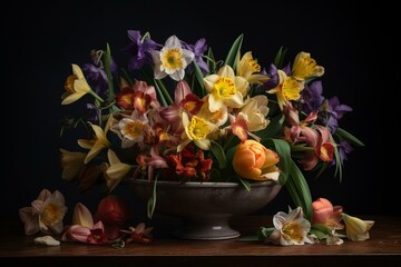 Festive spring floral arrangement featuring daffodils, irises, and alstroemeria. Generative AI