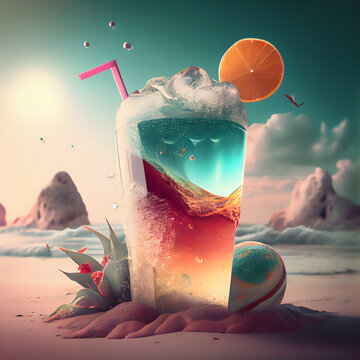 Frozen cocktail on the beach. 3D illustration. Vintage style.