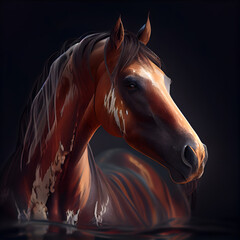 Horse in water on black background. 3d render illustration.