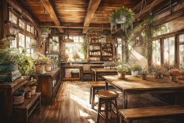 Fototapeta na wymiar Watercolor illustration of cafe interior with floral table. Generative AI