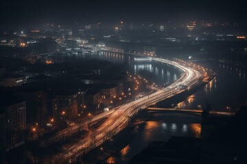 A brightly lit massive bridge spanning across a cityscape in the background. Generative AI