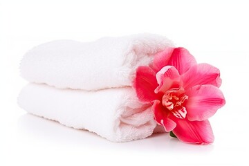 Obraz na płótnie Canvas pink flower resting on a stack of white towels. Generative AI