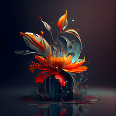 abstract colorful flower with water drops on dark background, illustration