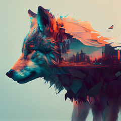 Digital illustration of a wolf in digital art style with urban background.