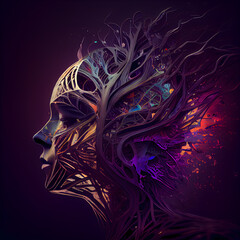 3D illustration of a female head with a fractal tree in the background.