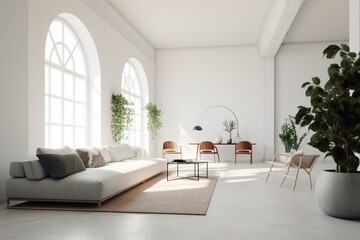 A vacant living area with a white backdrop. Generative AI