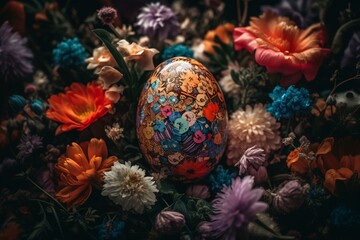 Obraz na płótnie Canvas Bursting colorful Easter egg surrounded by flowers and small eggs. Generative AI