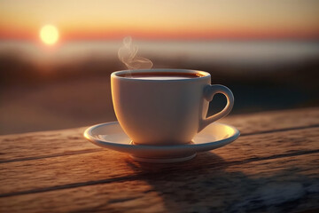 Obraz premium Cup of coffee on the wooden table outdoors, summer sunset Generative AI