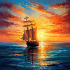 Fototapeta premium A painted scene of a sailboat on the horizon, sailing towards a fiery sunset under a cloud laden sky.