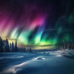 Northern Lights dancing across the night sky over a snow covered landscape, forest, wilderness, brilliance, aurora