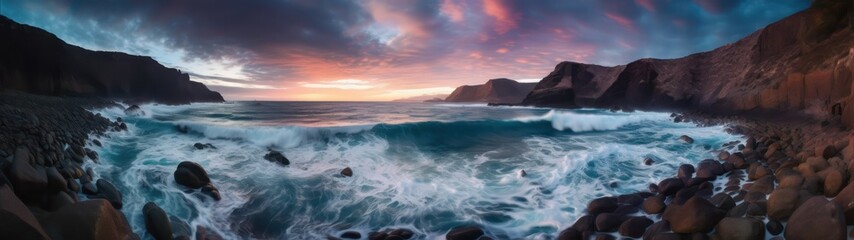 Fototapeta na wymiar Ultra-wide panoramic photo of a rugged coastline at twilight. Generative AI.