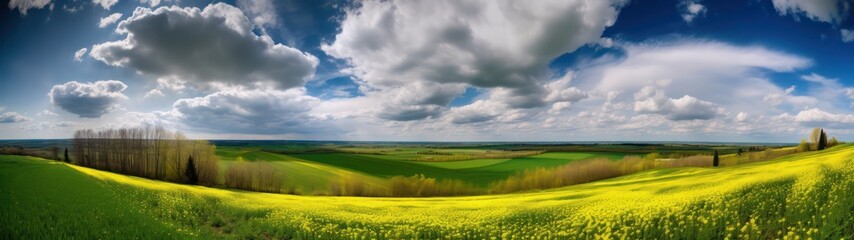 Ultra-wide panoramic image of a rolling countryside during a vibrant spring bloom.  Generative AI.