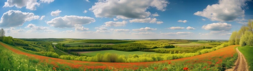 Ultra-wide panoramic image of a rolling countryside during a vibrant spring bloom.   Generative AI.