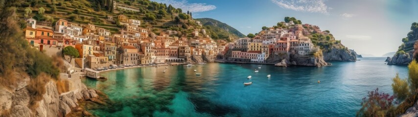 Fototapeta na wymiar Ultra-wide panoramic shot of a picturesque Mediterranean coastal village. Generative AI.