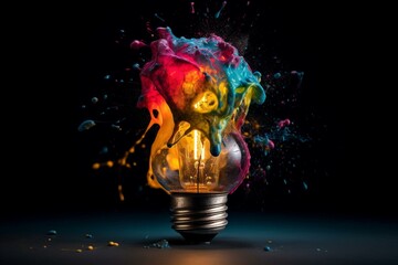 Colorful paint splatters as a creative light bulb bursts, representing innovative and unconventional thinking. Generative AI