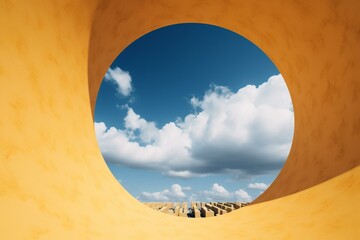 Yellow wall with round hole and blue sky background, clouds fly through portal. Generative AI