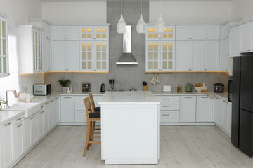 Stylish kitchen with modern furniture and different appliances. Interior design