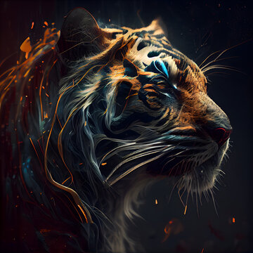 Beautiful tiger with fire on dark background. Fantasy animal portrait.