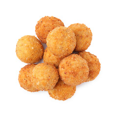 Pile of delicious fried tofu balls on white background, top view
