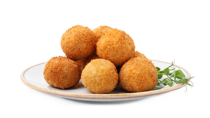 Plate with delicious fried tofu balls and pea sprouts on white background