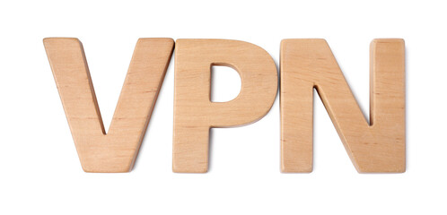 Acronym VPN made of wooden letters on white background, top view