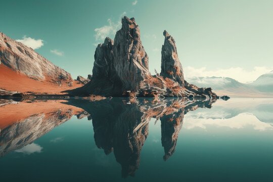 Surreal Scenery Of Cliffs And Water Mirroring A Futuristic Setting. Generative AI