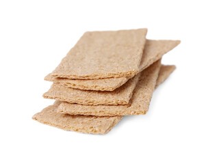 Stack of fresh crunchy rye crispbreads on white background, closeup