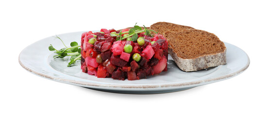 Delicious vinaigrette salad with slices of bread isolated on white