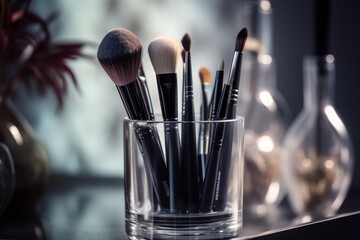 Makeup brushes in a glass. Clean professional makeup brushes set for make-up artist. Generative AI