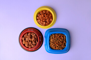Obraz na płótnie Canvas Wet and dry pet food in feeding bowls on violet background, flat lay