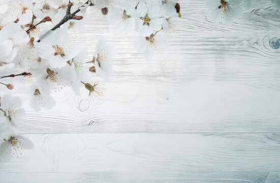 Wooden background with cherry blossoms over it. Generative Ai. 