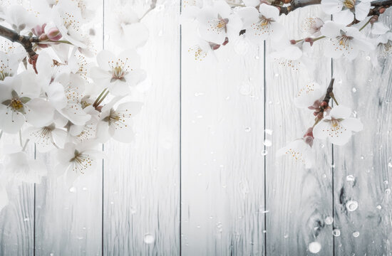 Wooden background with cherry blossoms over it. Generative Ai. 
