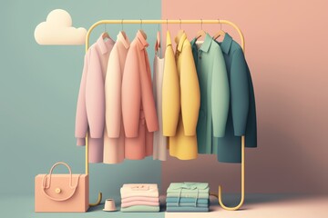 Colourful clothes on clothing rack, pastel colorful closet. Generative Ai