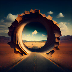 Road through the desert with gear wheel. 3d render illustration.