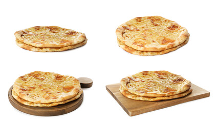 Collage with fresh Megrelian khachapuris on white background