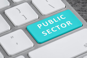 Light blue button with text Public Sector on computer keyboard, closeup