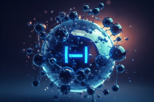 Blue Hydrogen Gas Molecule Symbolizing Energy Stability, For Processing Into Pure Fuel From Water. 3D H2 Structure Background. Generative AI