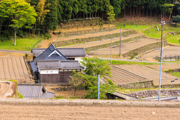 Traditional wooden Japanese house by plowed terraced rice fields