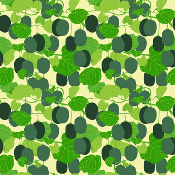 Seamless pattern with kiwi fruits and leaves. Repeating background with fruit. Vector illustration for fabric or wallpaper