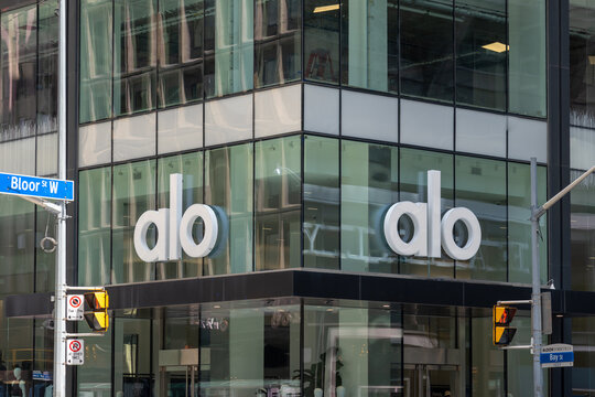 Toronto, ON, Canada - April 26, 2023: An Alo (Alo Yoga) store at the corner of Bay and Bloor in Toronto, Canada. Alo Yoga is a Los Angeles-based premium lifestyle brand. 