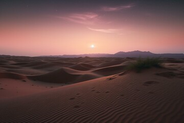 Fototapeta na wymiar The desert landscape features rolling sand dunes against a pink sun-kissed sky with stars. Generative AI