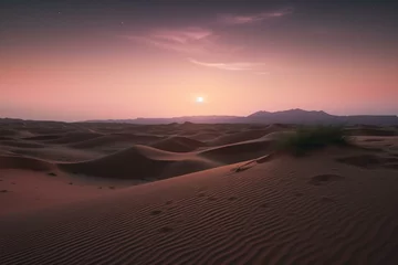 Zelfklevend Fotobehang The desert landscape features rolling sand dunes against a pink sun-kissed sky with stars. Generative AI © Persephone