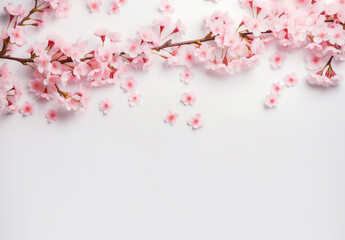 Sakura cherry blossom tree branch frame on white background, japanese pink cherry flower banner with space for text