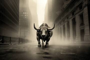 Angry bull on wall street, stock market, stocks, finance, forex, trading, cryptocurrencies, cryptocurrency, crypto. Generative AI - obrazy, fototapety, plakaty