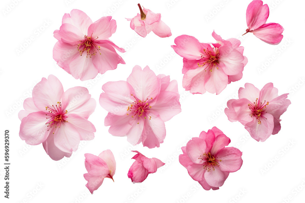 Wall mural cherry blossom petals, japanese sakura flowers isolated on transparent background