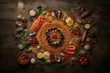 Paella ingredients artfully arranged in knolling formation on a high-resolution background image. Generative AI