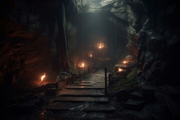 Dark, misty mountain cave with ominous entrance gate leading to perilous underworld labyrinth lit by torches. Generative AI - obrazy, fototapety, plakaty